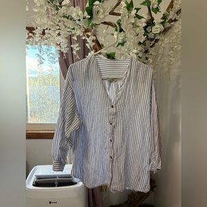 Na Nin Elegant Striped Button Down Shirt - Navy and White